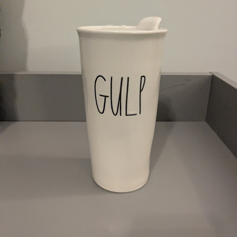 White Ceramic Tumbler with 'GULP' Text